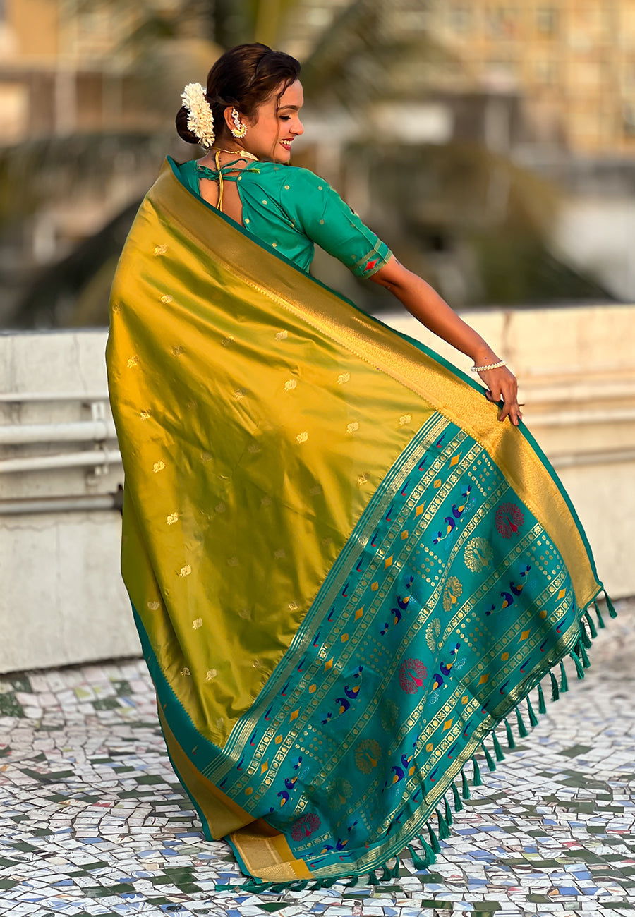 Mehendi Green Paithani Silk Saree with Muniya Satin Border