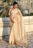 Chickoo Tussar Silk Plain Saree with Zari Woven Border