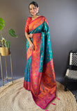 Green Pink Original Maharashtrian Meenakari Yeola Paithani Silk Zari Woven Saree