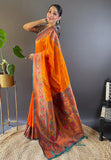 Orange Original Maharashtrian Meenakari Yeola Paithani Silk Zari Woven Saree