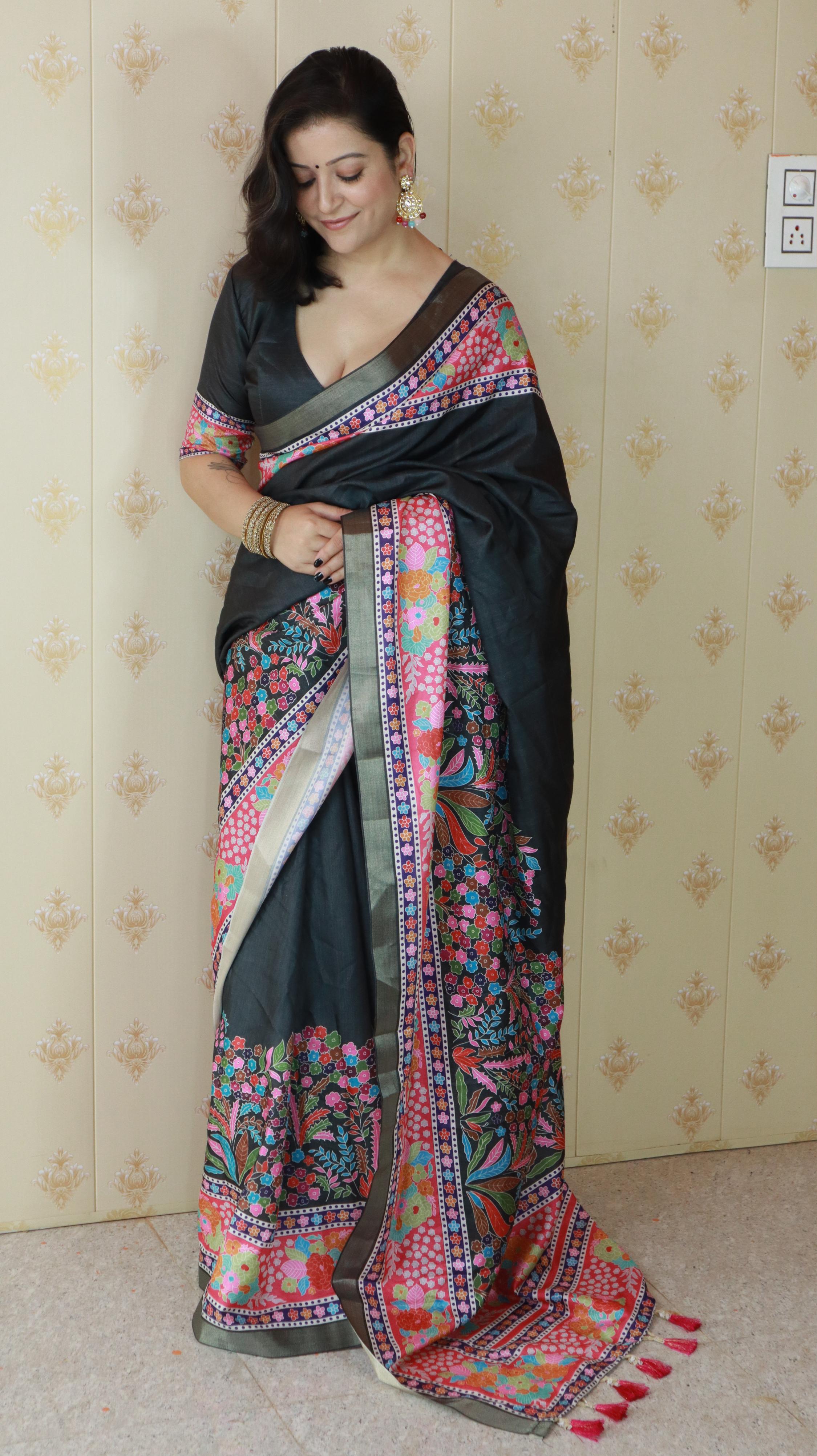 Black Tussar Silk Floral Printed Saree with Zari Woven Border