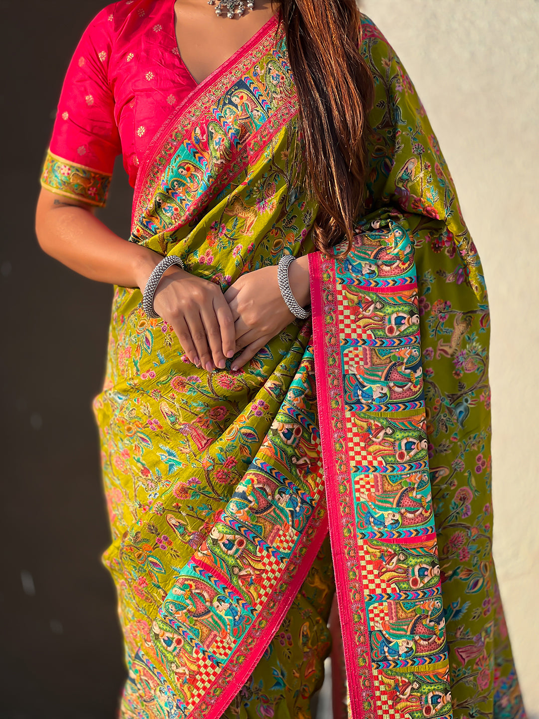Mehendi Green Pure Viscose Silk Position Printed Darbari Saree