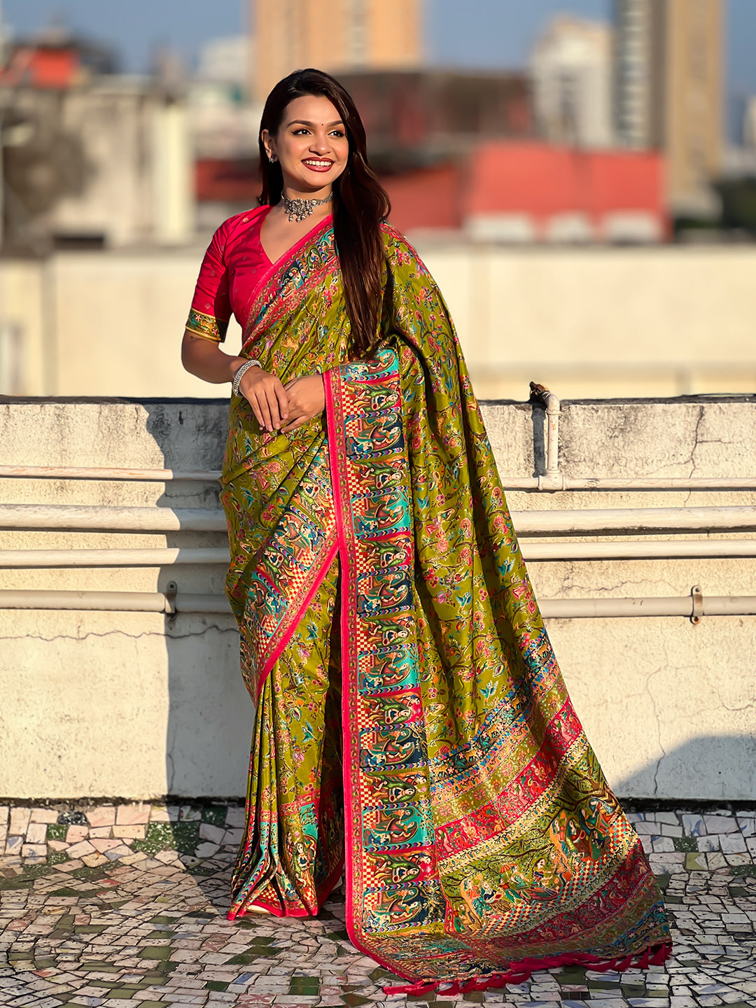 Mehendi Green Pure Viscose Silk Position Printed Darbari Saree