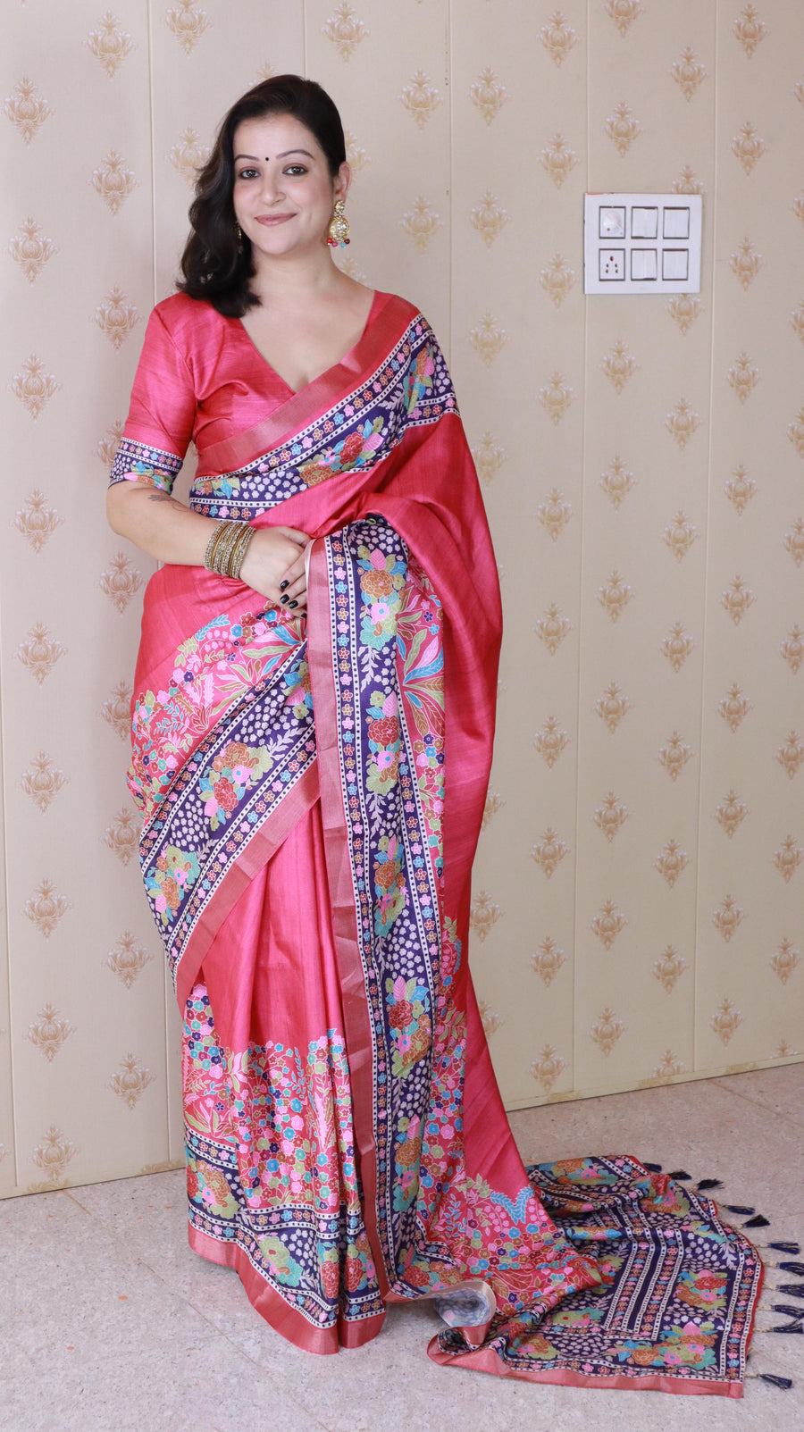 Pink Tussar Silk Floral Printed Saree with Zari Woven Border