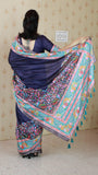 Navy Blue Tussar Silk Floral Printed Saree with Zari Woven Border