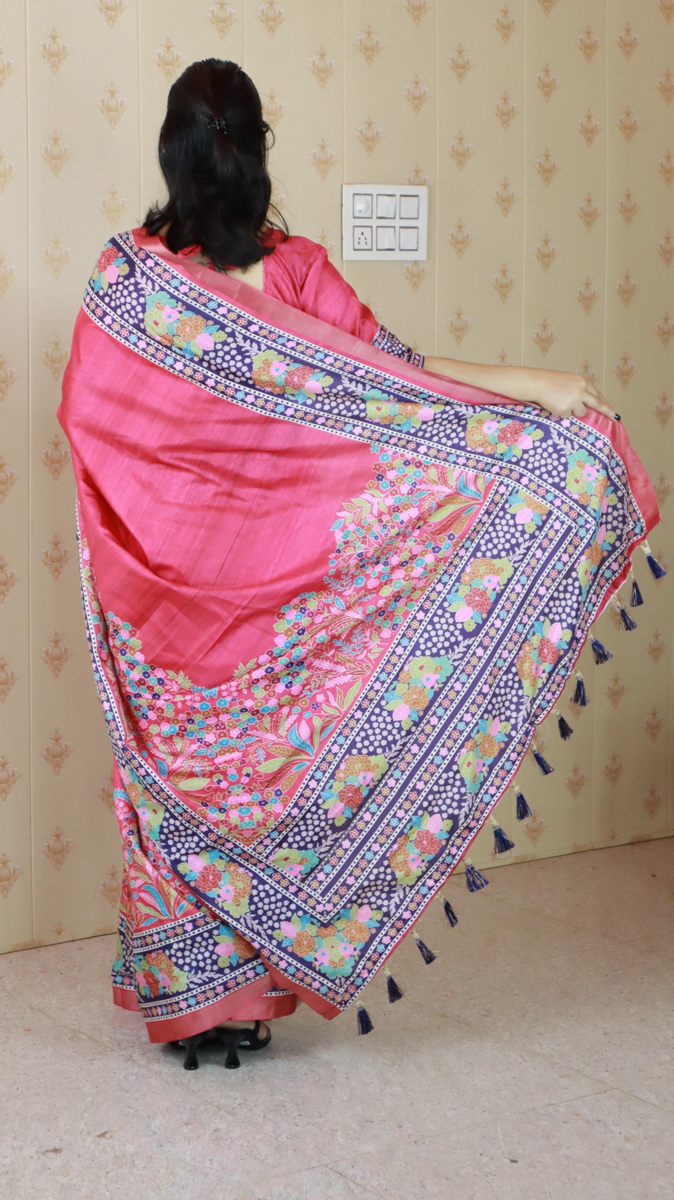 Pink Tussar Silk Floral Printed Saree with Zari Woven Border