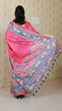 Pink Tussar Silk Floral Printed Saree with Zari Woven Border