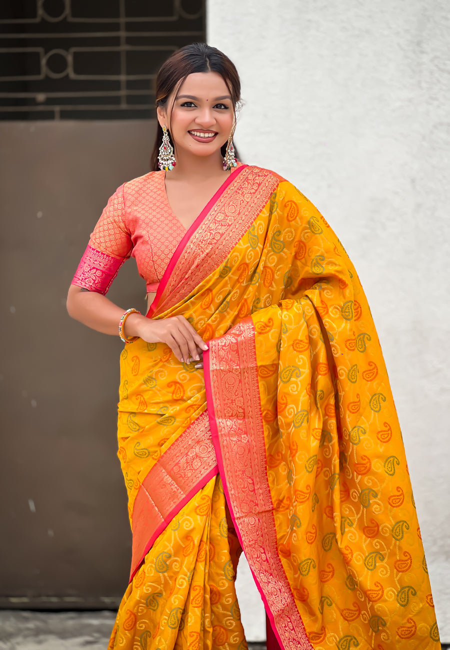 Mustard Soft Silk Zari Woven Bandhani Patola Saree with Contrast Weaves