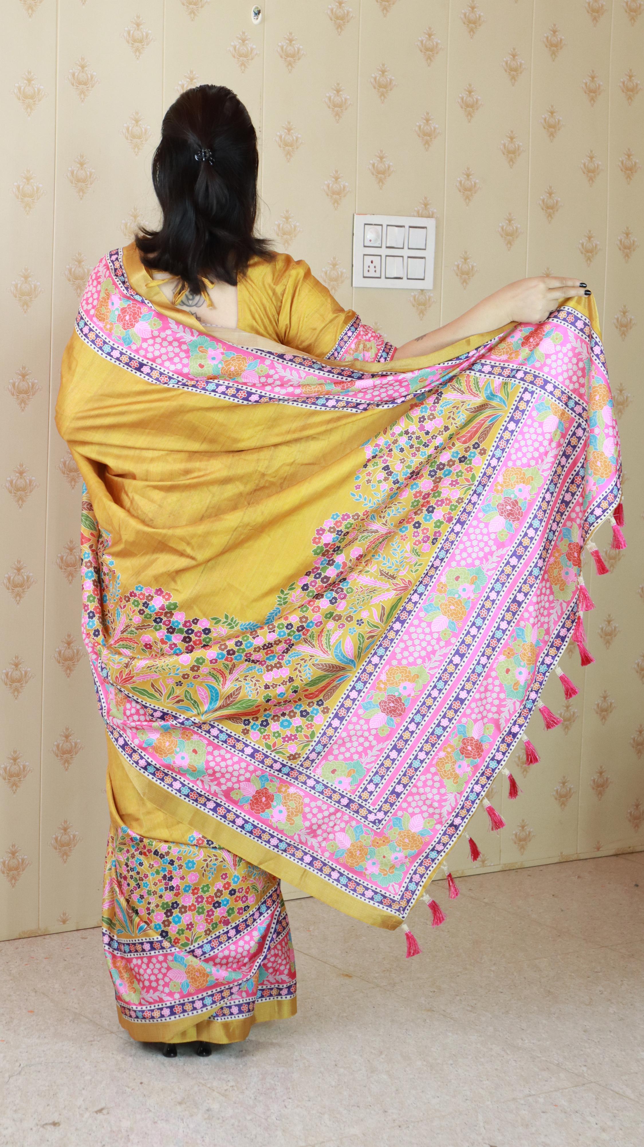 Gold Tussar Silk Floral Printed Saree with Zari Woven Border