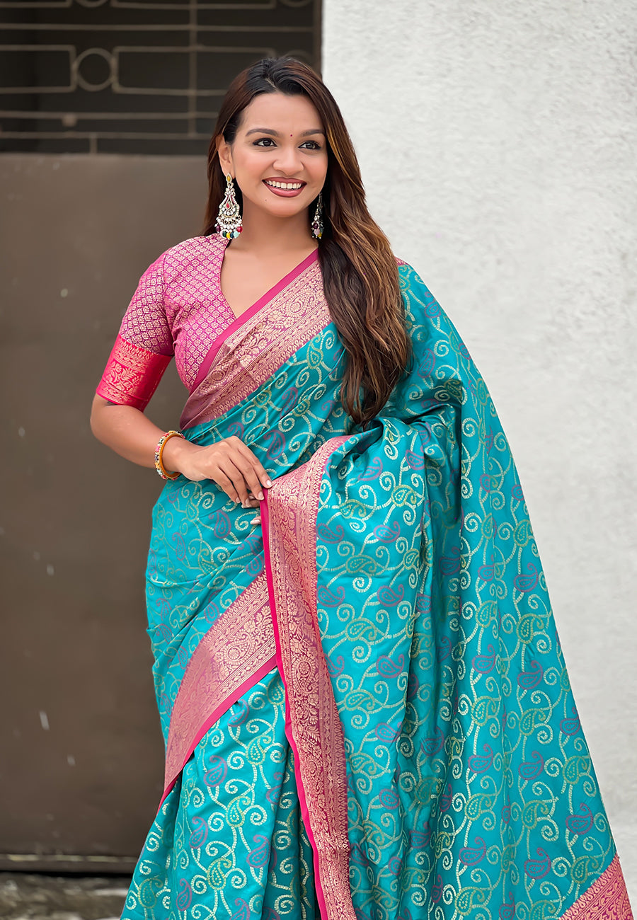 Aqua Blue Soft Silk Zari Woven Bandhani Patola Saree with Contrast Weaves