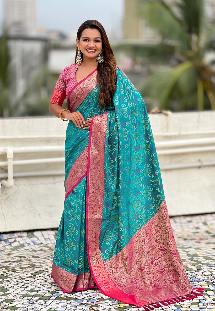 Aqua Blue Soft Silk Zari Woven Bandhani Patola Saree with Contrast Weaves