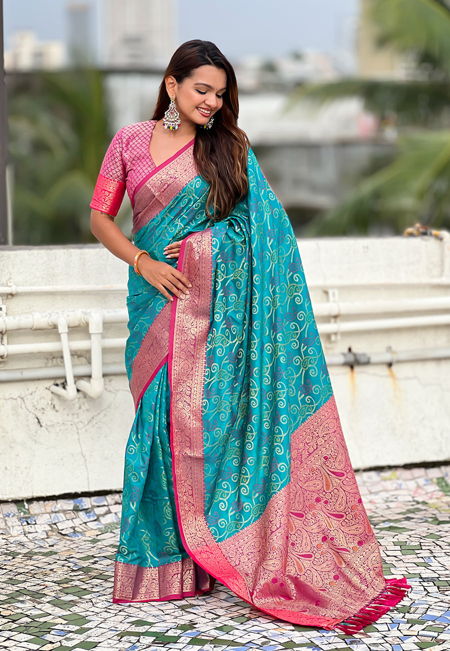 Aqua Blue Soft Silk Zari Woven Bandhani Patola Saree with Contrast Weaves