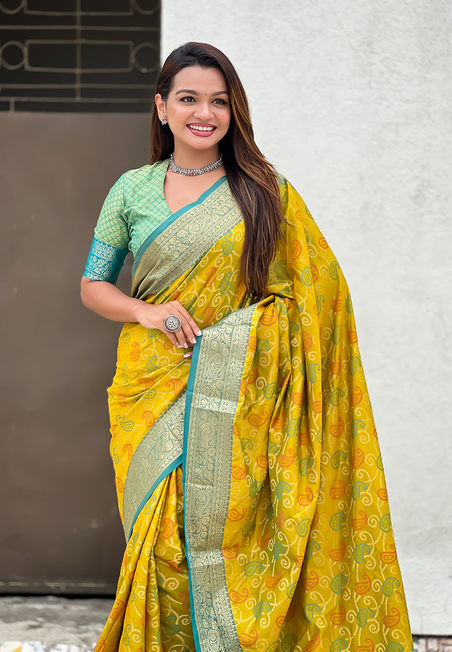 Mehendi Green Soft Silk Zari Woven Bandhani Patola Saree with Contrast Weaves