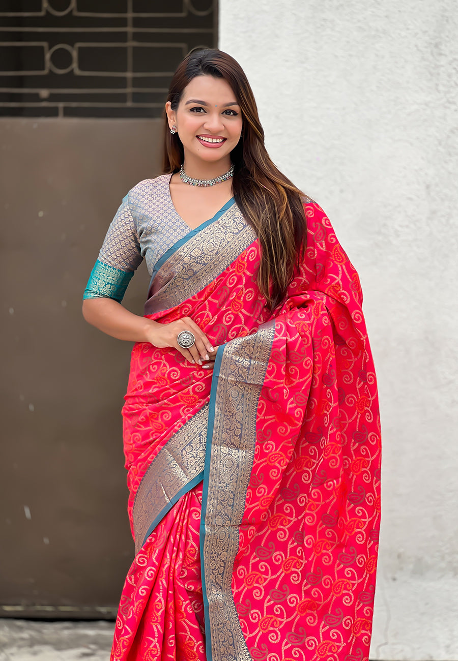 Pink Soft Silk Zari Woven Bandhani Patola Saree with Contrast Weaves
