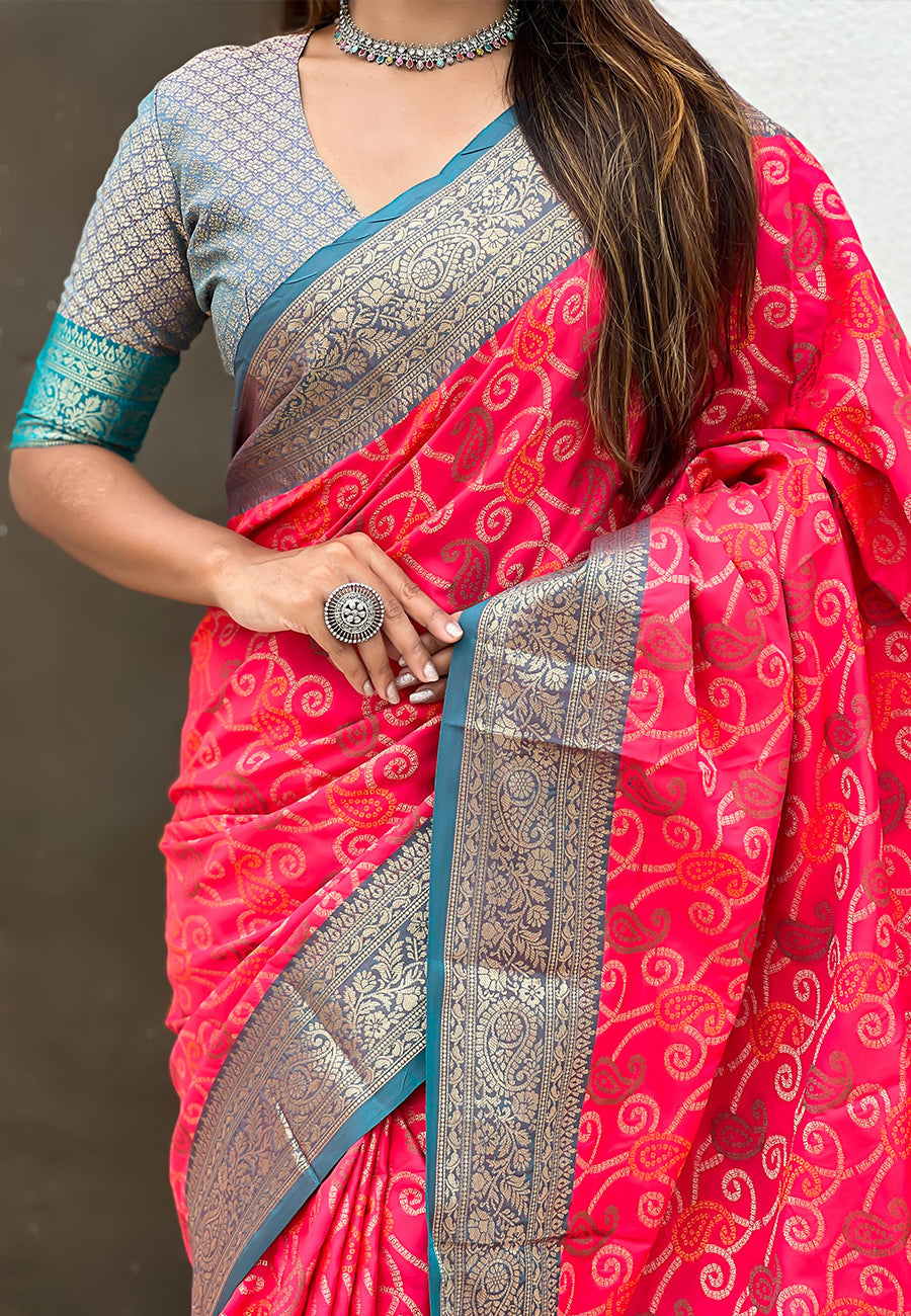 Pink Soft Silk Zari Woven Bandhani Patola Saree with Contrast Weaves