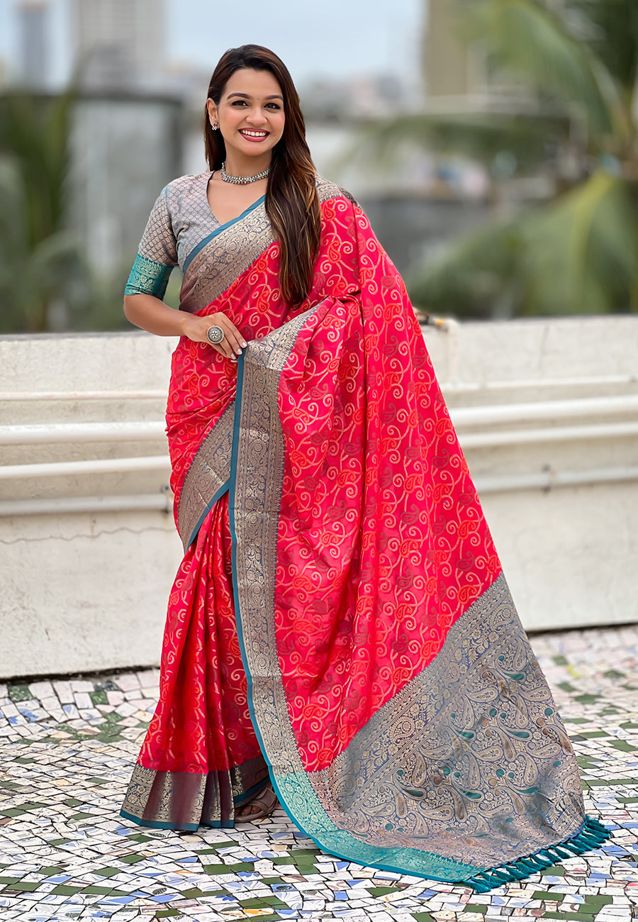 Pink Soft Silk Zari Woven Bandhani Patola Saree with Contrast Weaves