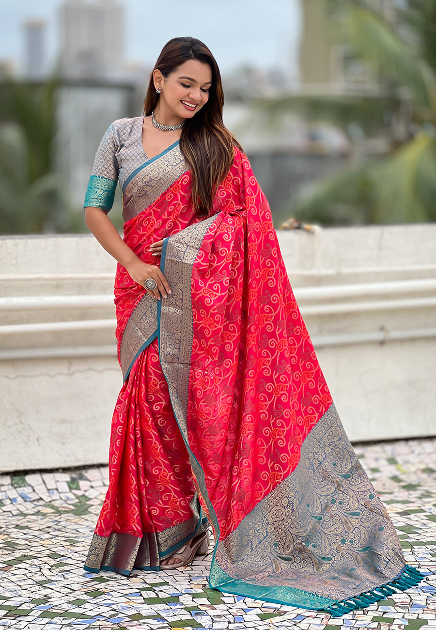 Pink Soft Silk Zari Woven Bandhani Patola Saree with Contrast Weaves
