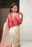 Cream Soft Silk Zari Woven Bandhani Patola Saree with Contrast Weaves