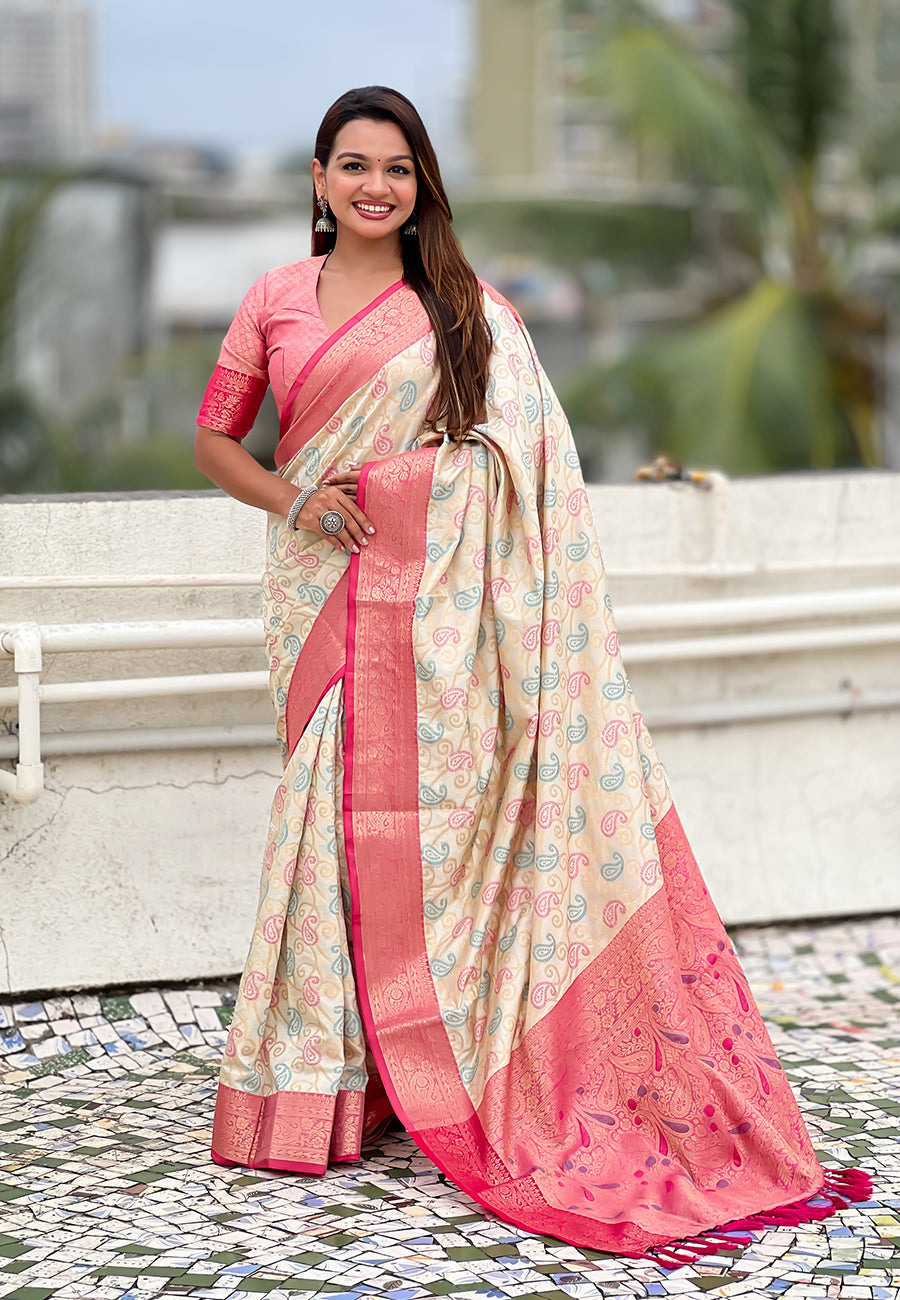 Cream Soft Silk Zari Woven Bandhani Patola Saree with Contrast Weaves