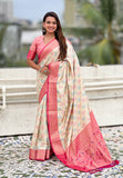 Cream Soft Silk Zari Woven Bandhani Patola Saree with Contrast Weaves