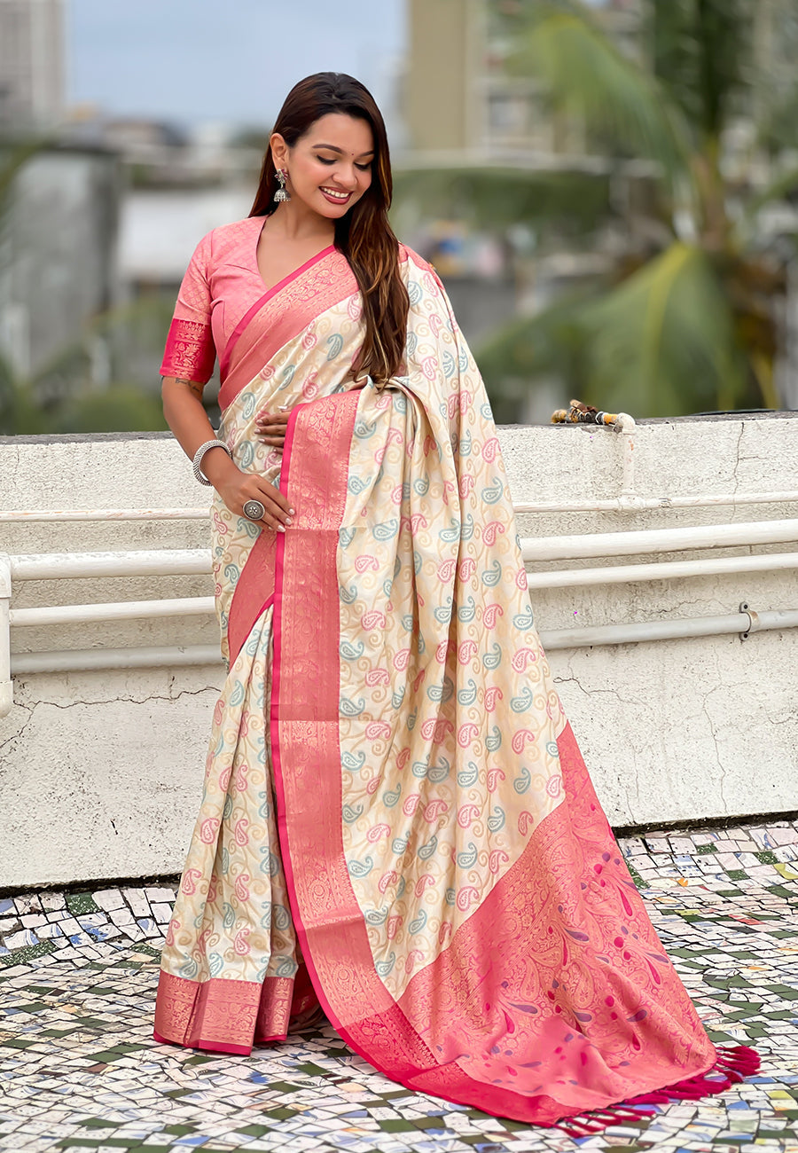 Cream Soft Silk Zari Woven Bandhani Patola Saree with Contrast Weaves