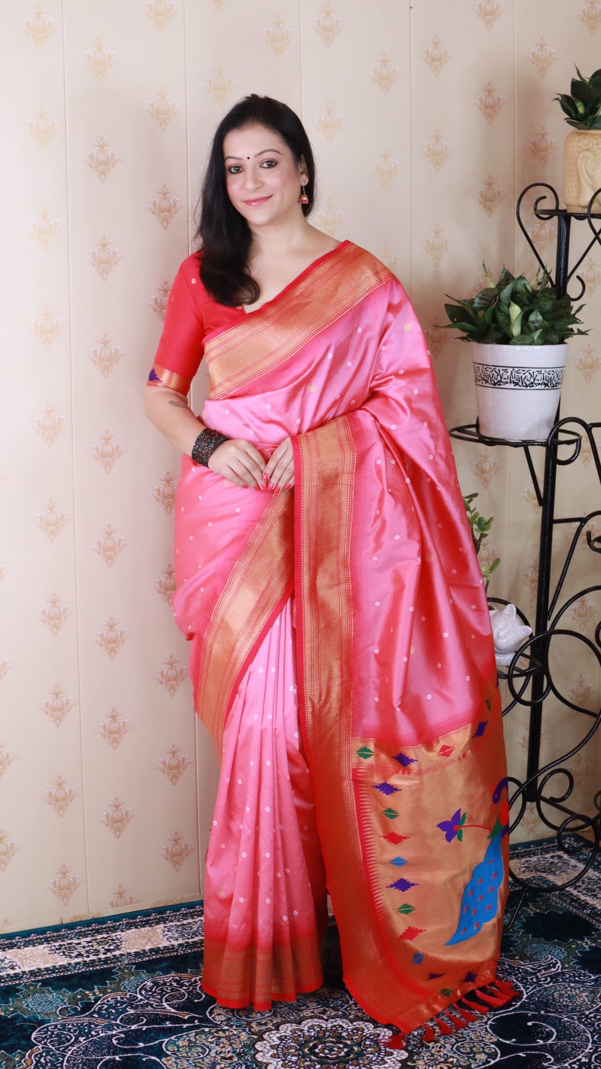 Baby Pink Bandhani Paithani Silk  Zari Woven Saree