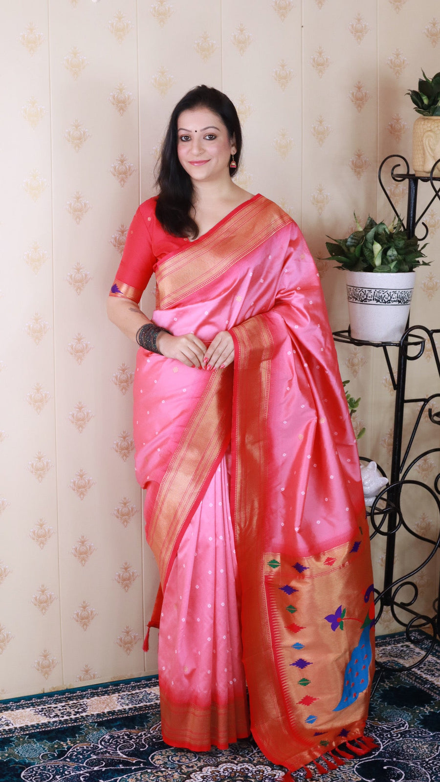 Baby Pink Bandhani Paithani Silk  Zari Woven Saree
