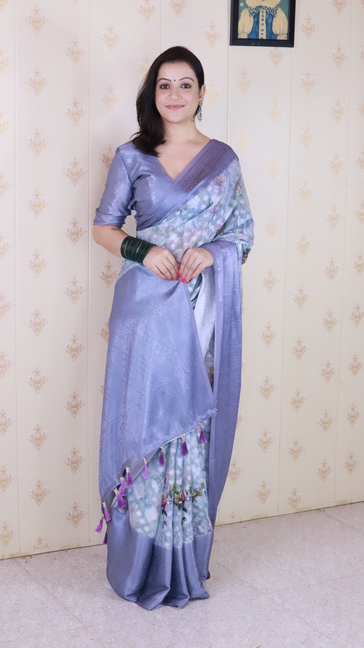 Blue Soft Georgette Floral Printed Zari Woven Saree