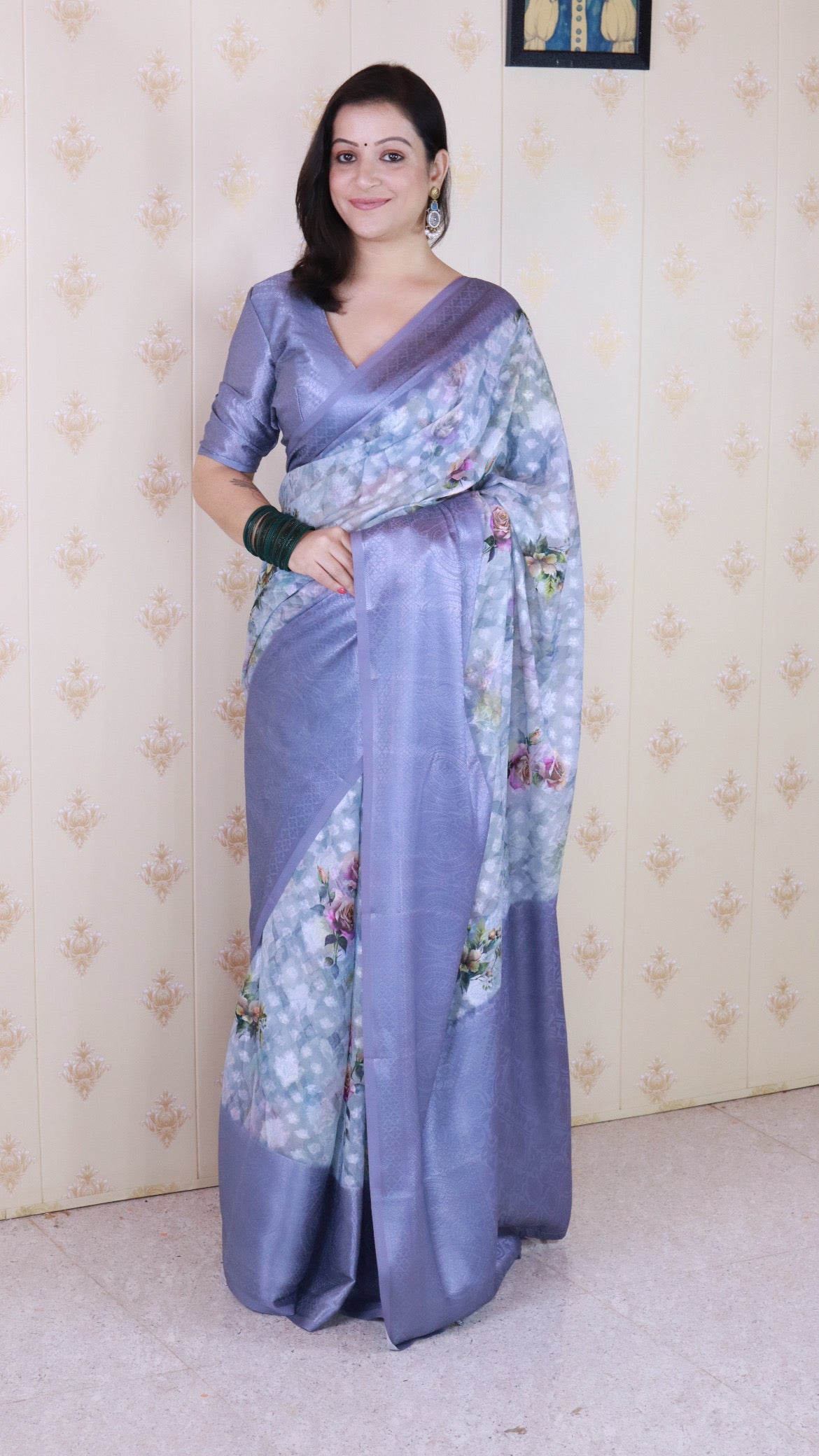 Blue Soft Georgette Floral Printed Zari Woven Saree