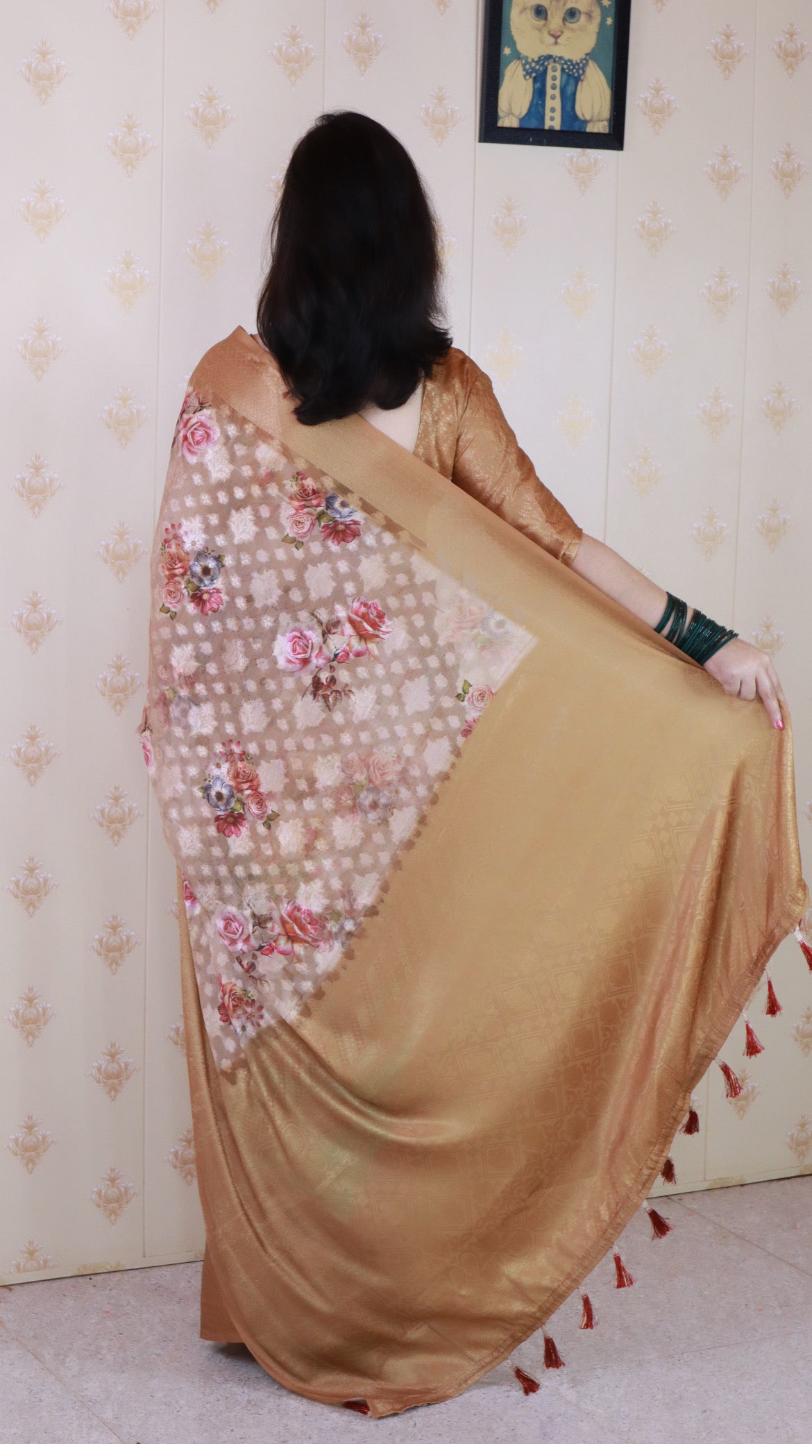 Brown Soft Georgette Floral Printed Zari Woven Saree