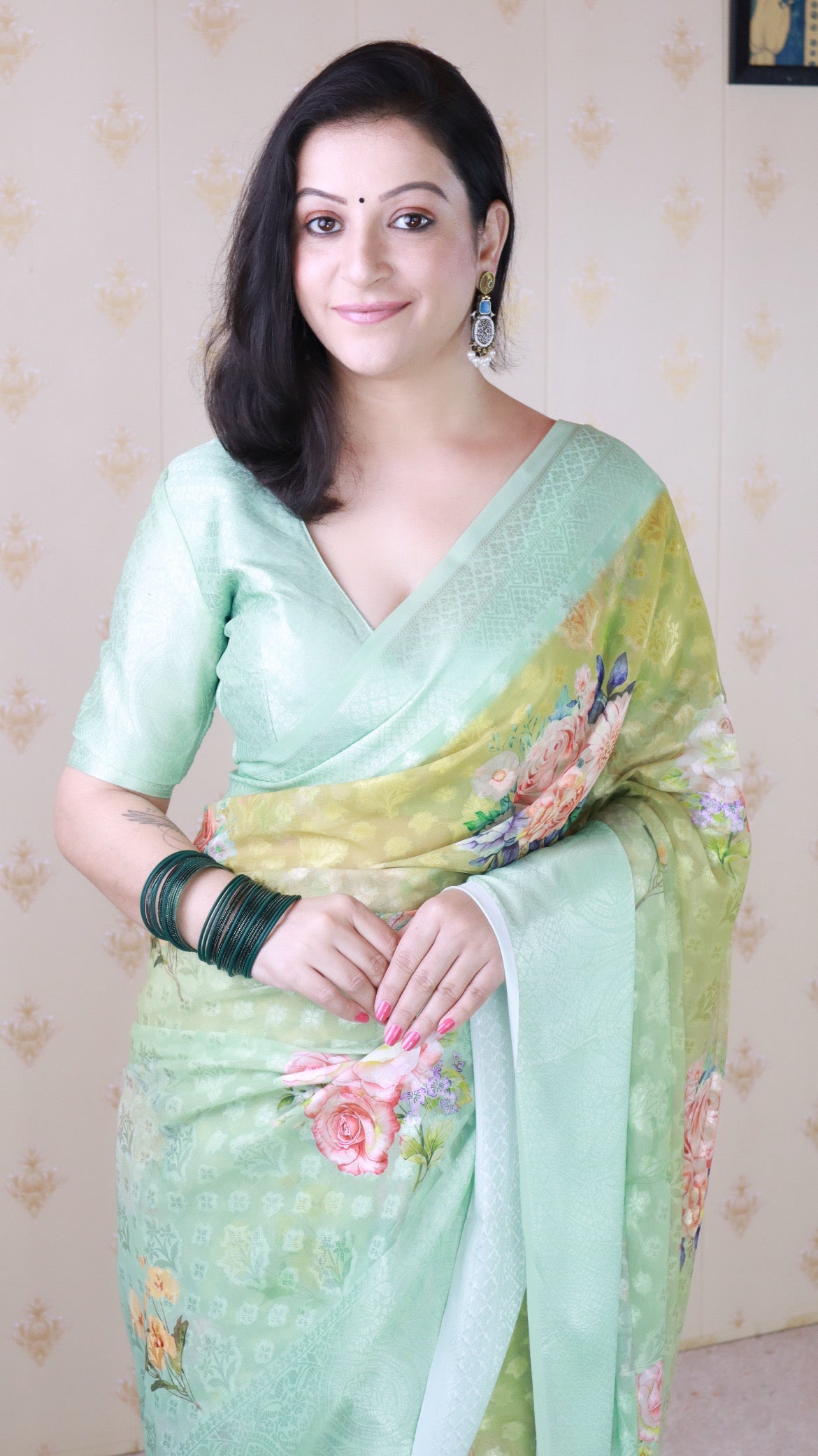 Pista Soft Georgette Floral Printed Zari Woven Saree