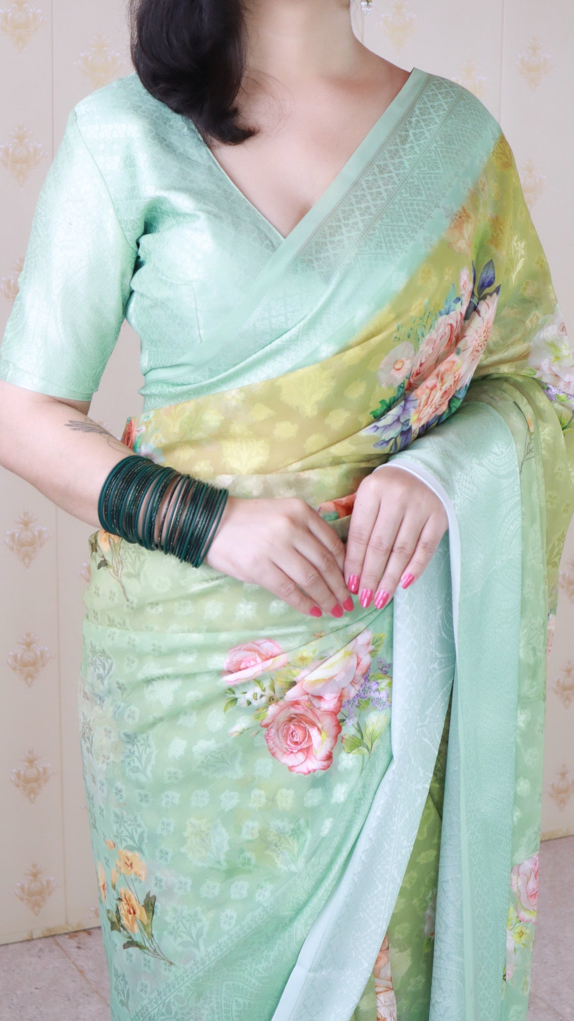 Pista Soft Georgette Floral Printed Zari Woven Saree