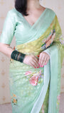 Pista Soft Georgette Floral Printed Zari Woven Saree