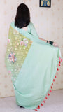Pista Soft Georgette Floral Printed Zari Woven Saree