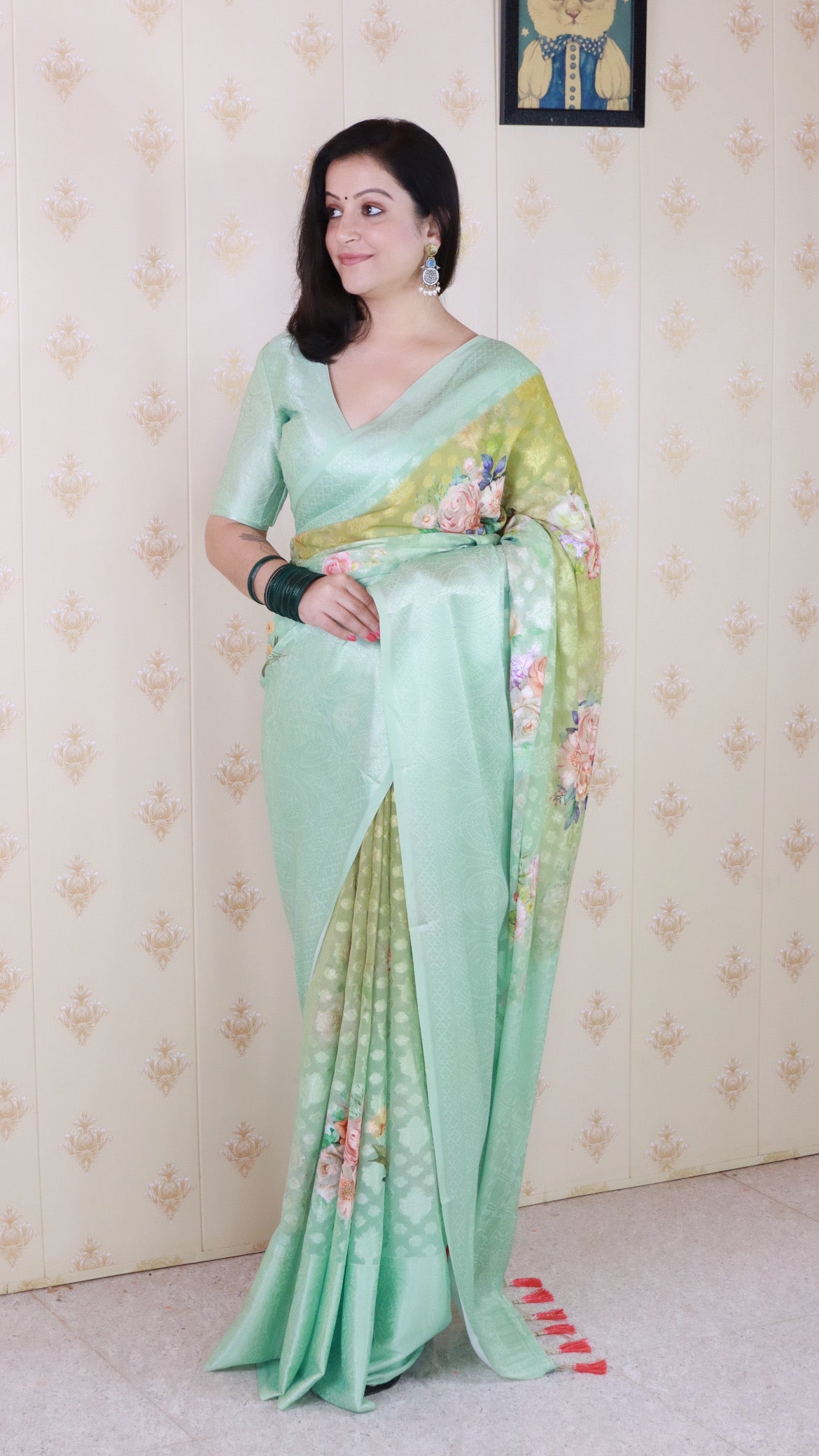 Pista Soft Georgette Floral Printed Zari Woven Saree