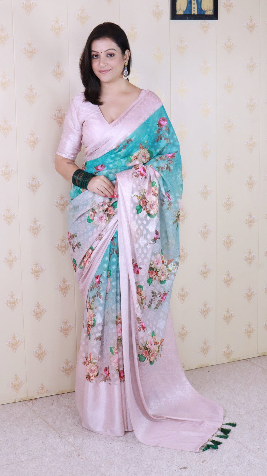Sky Blue Soft Georgette Floral Printed Zari Woven Saree
