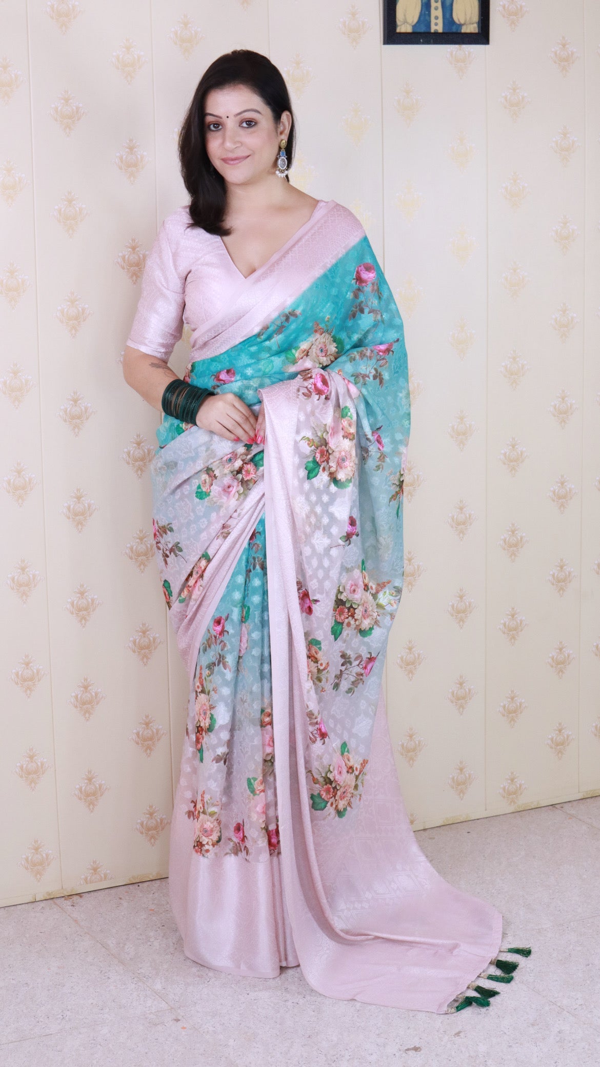 Sky Blue Soft Georgette Floral Printed Zari Woven Saree