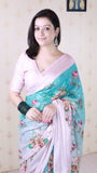 Sky Blue Soft Georgette Floral Printed Zari Woven Saree
