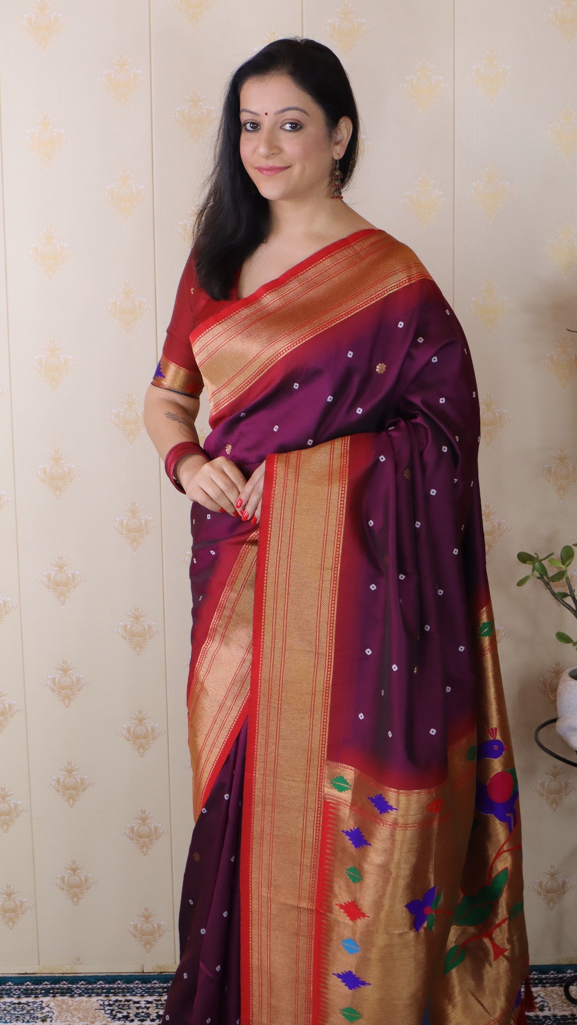 Wine Bandhani Paithani Silk Zari Woven Saree