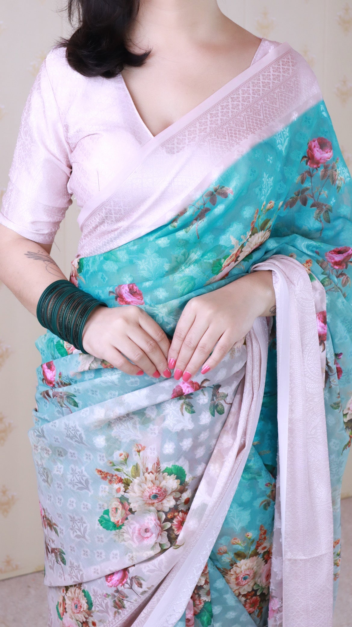 Sky Blue Soft Georgette Floral Printed Zari Woven Saree