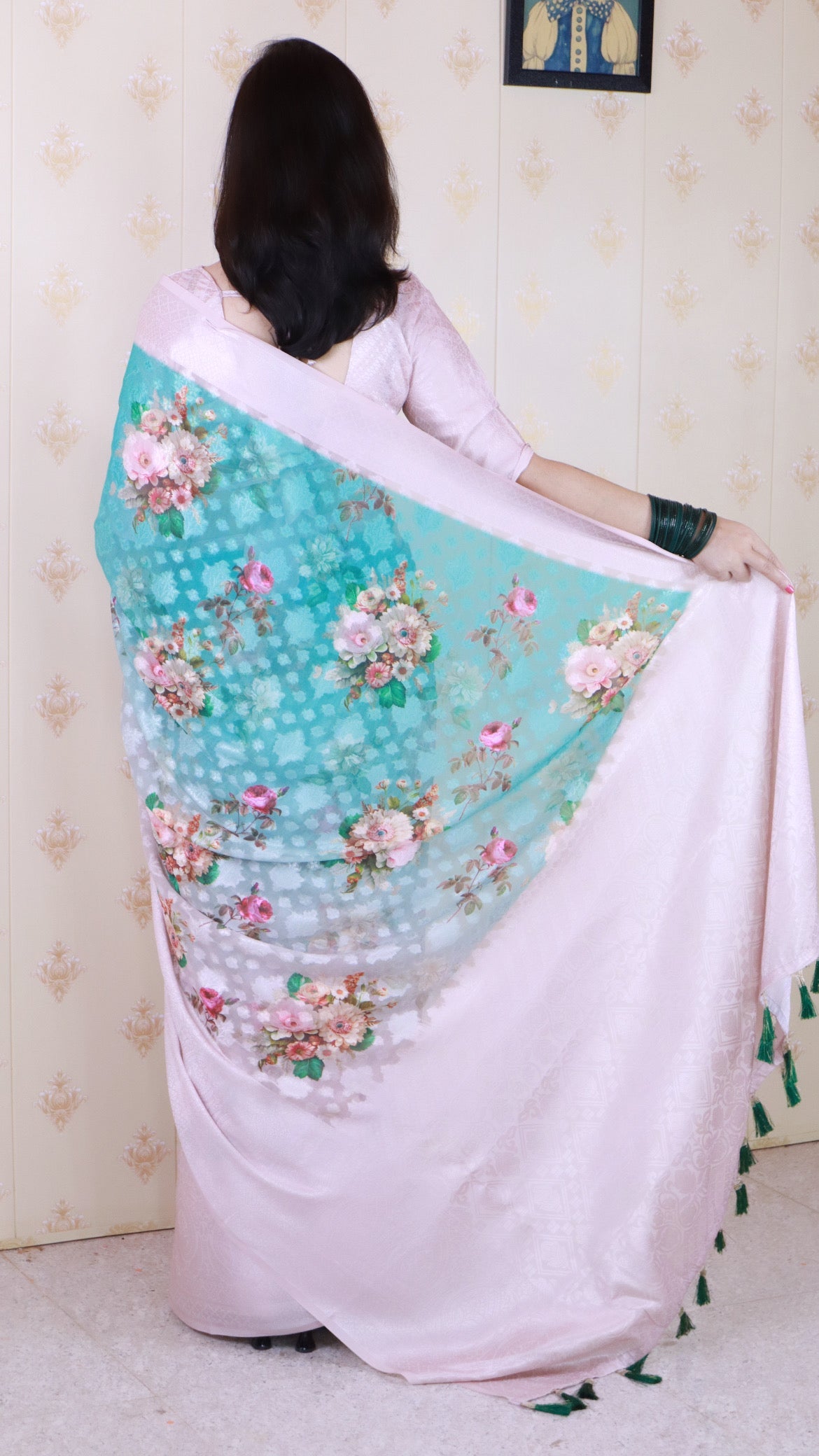 Sky Blue Soft Georgette Floral Printed Zari Woven Saree