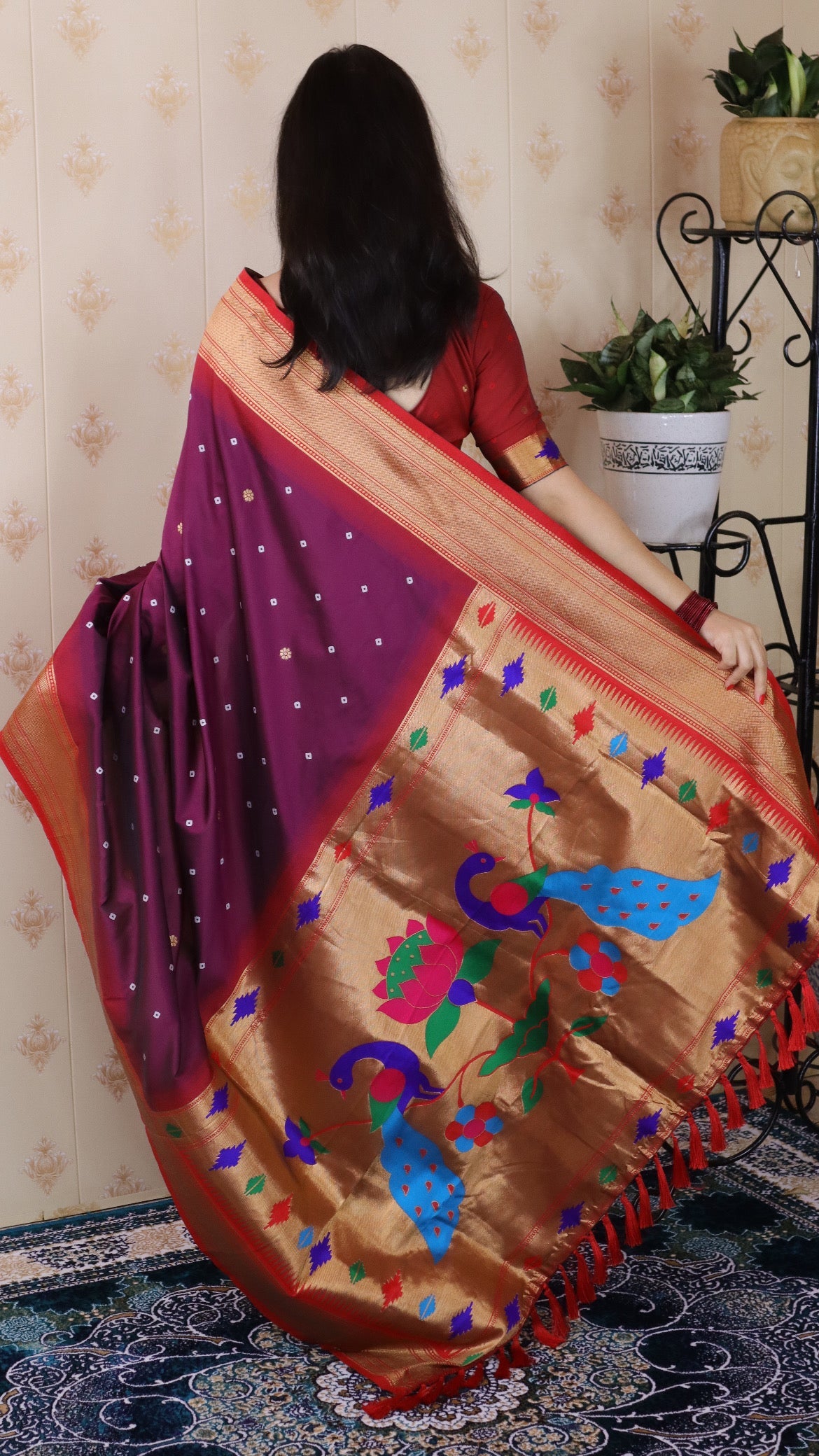 Wine Bandhani Paithani Silk Zari Woven Saree