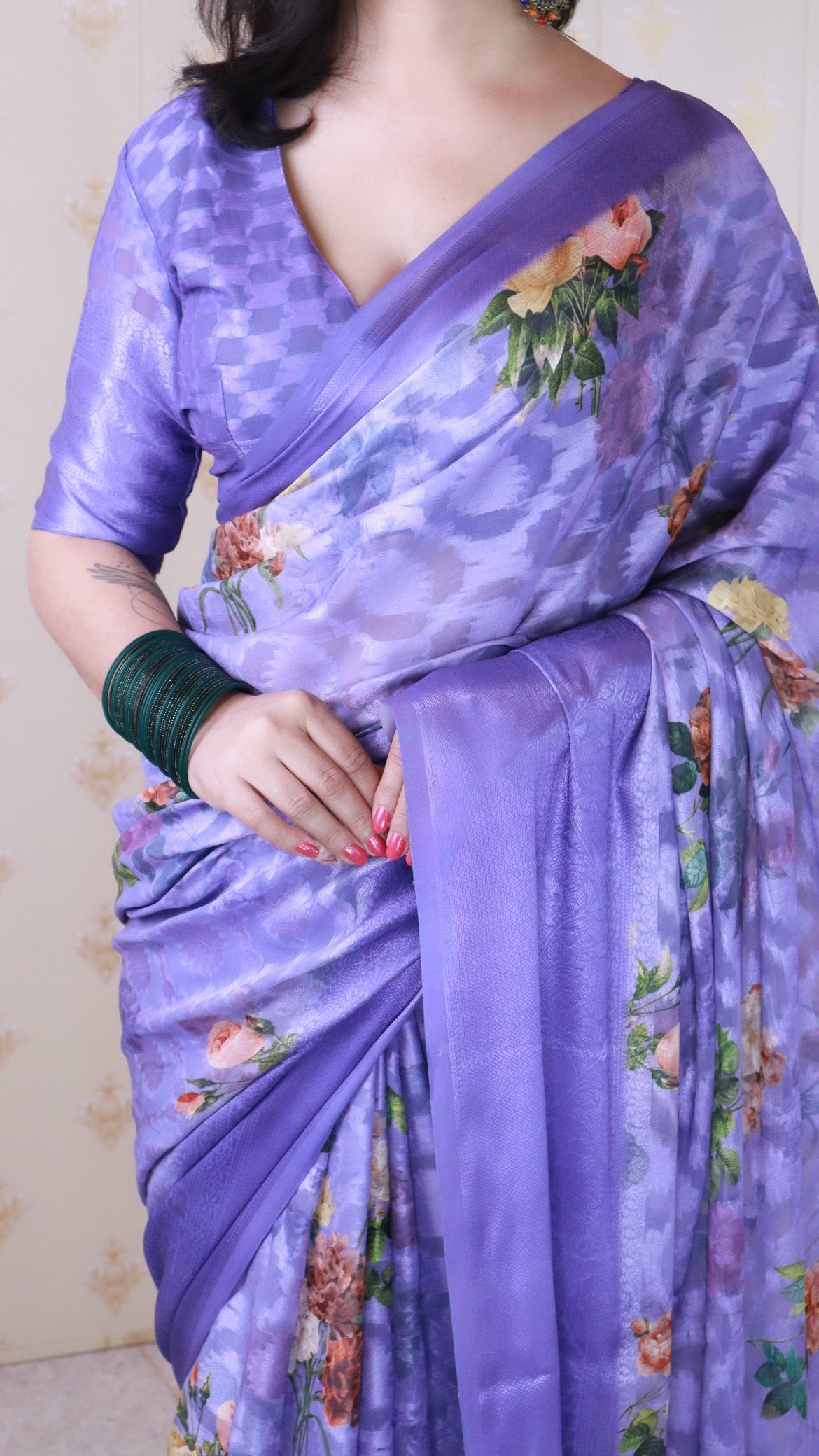 Violet Soft Georgette Floral Printed Zari Woven Saree