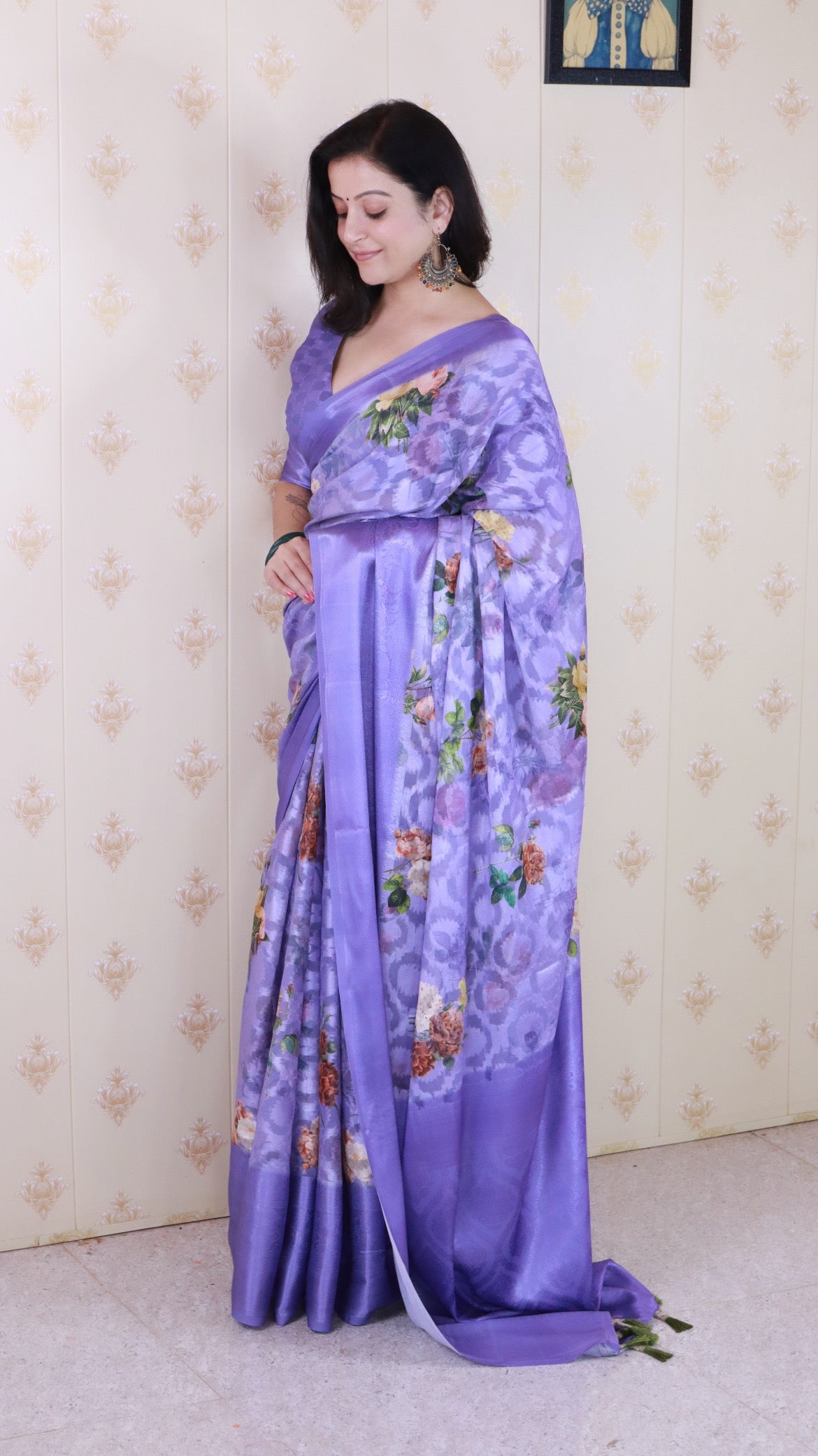 Violet Soft Georgette Floral Printed Zari Woven Saree