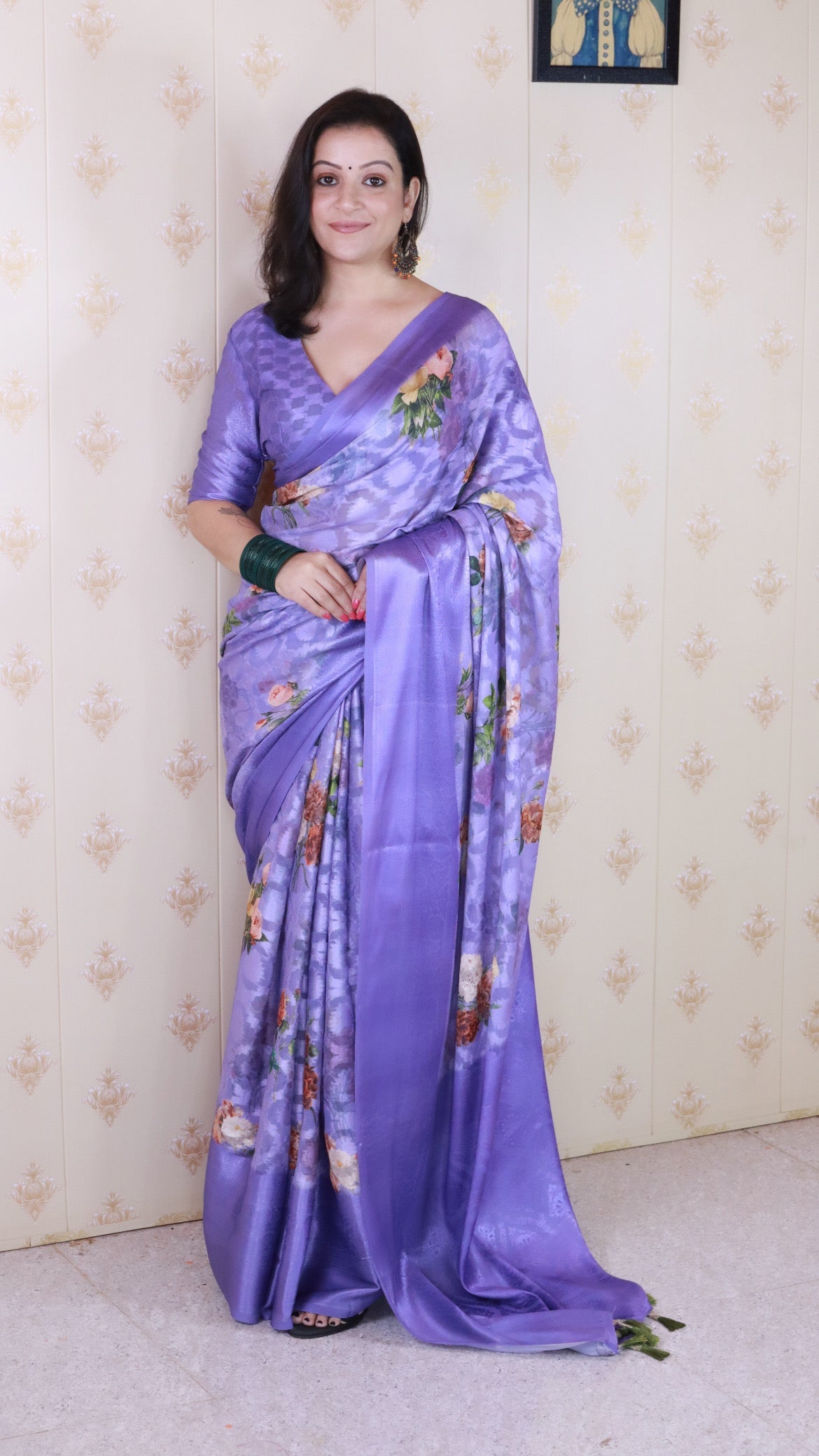 Violet Soft Georgette Floral Printed Zari Woven Saree