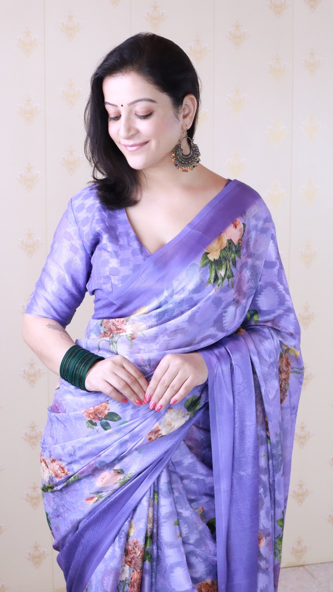 Violet Soft Georgette Floral Printed Zari Woven Saree