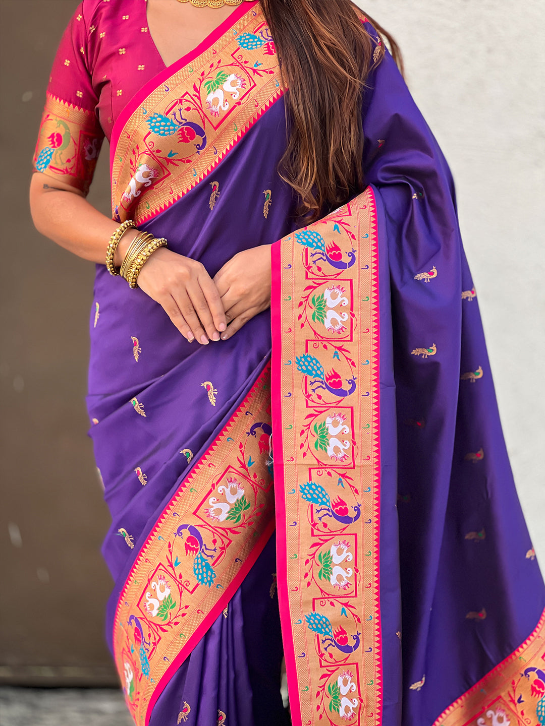 Violet Soft Silk Swan Rajhans Paithani Saree