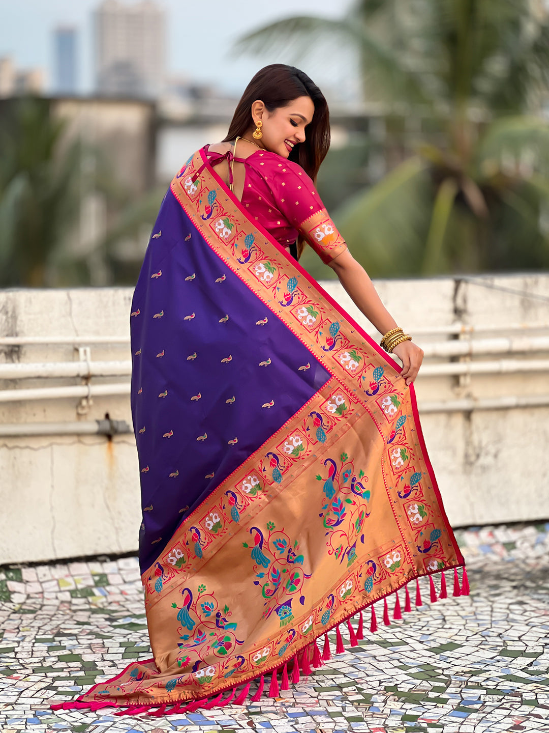 Violet Soft Silk Swan Rajhans Paithani Saree