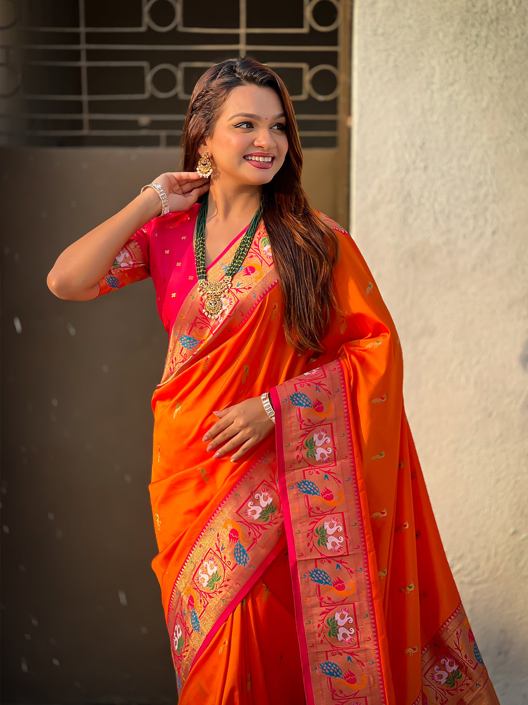 Orange Soft Silk Swan Rajhans Paithani Saree