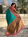 Aqua Blue Soft Silk Swan Rajhans Paithani Saree